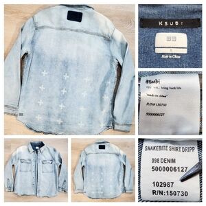 Ksubi Snake Bite Dripp Denim Shirt Jacket Size L VNDS EUC Pre-Owned Distressed